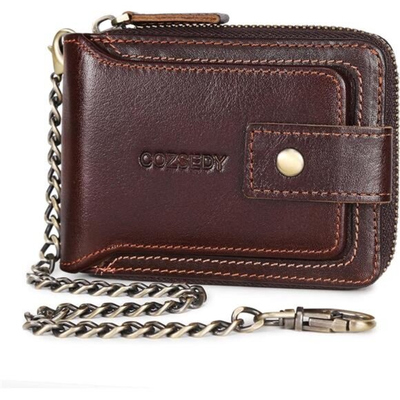 Men's Chain Wallet RFID Blocking Leather With Zipper